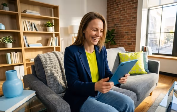 mujer feliz viendo sus seguros online