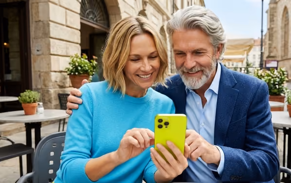 pareja mirando móvil sonrientes