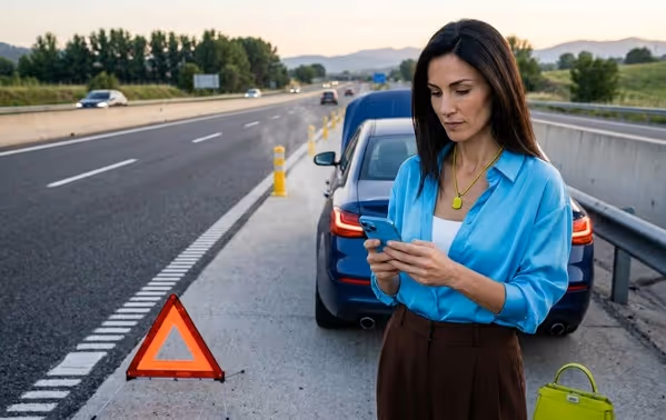 Mujer esperando asistencia en carretera