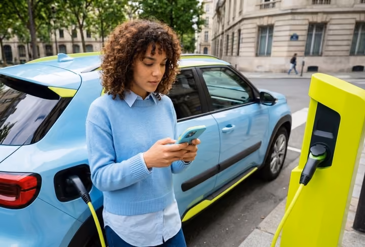 Mujer cargando coche eléctrico