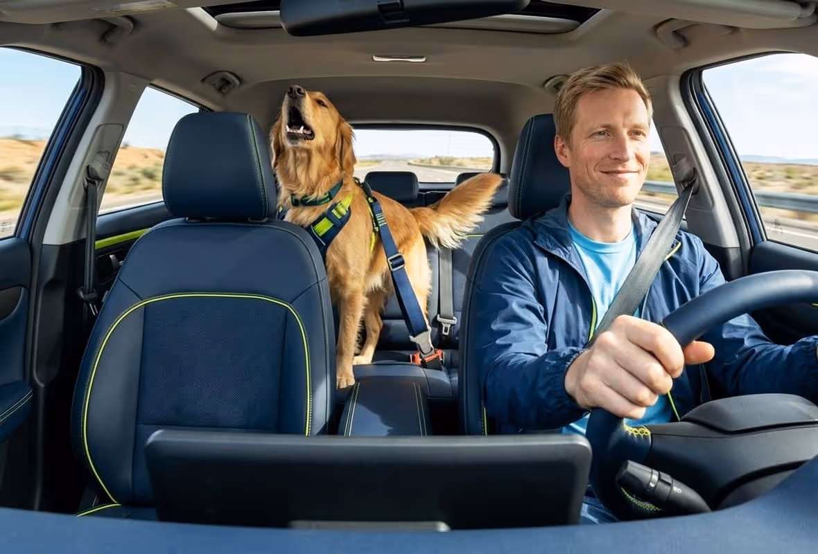 hombre conduciendo con perro