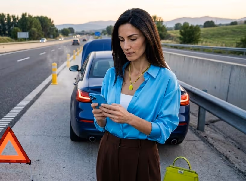 Mujer esperando asistencia en carretera